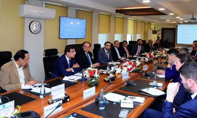 Finance Minister Muhammad Aurangzeb and Pakistan Virtual Assets Regu&shy;latory Authority Chairman Bilal Bin Saqib. chaired a high-level consultative meeting on Pakistan&rsquo;s National Digital Asset Framework at the Finance Division on Friday. &mdash; Photo courtesy Ministry of Finance/X