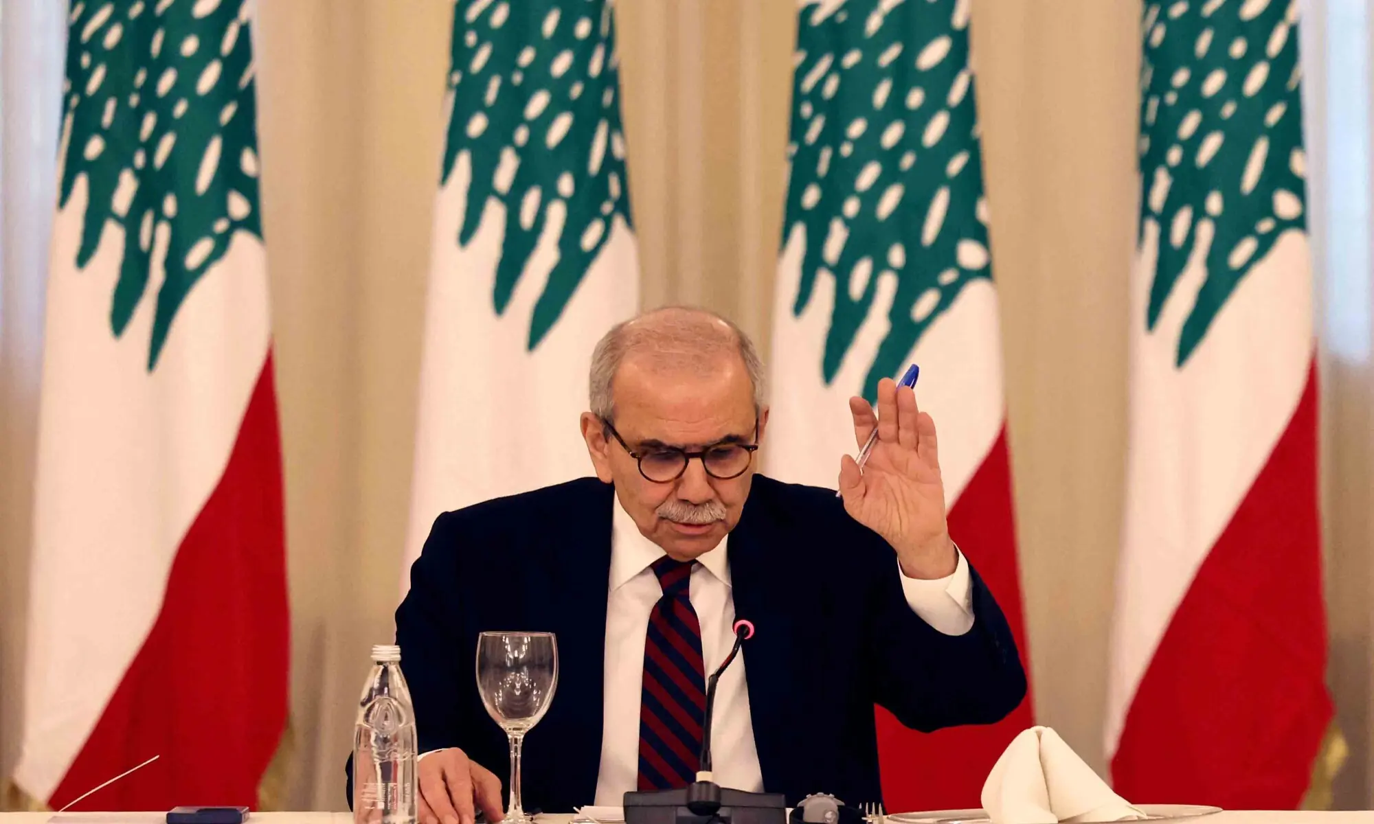 Lebanon&rsquo;s Prime Minister Nawaf Salam speaks during a meeting with a United Nations Security Council delegation in Beirut.&mdash;AFP
