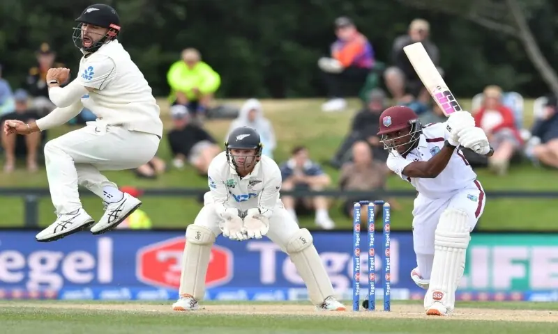 West Indies&rsquo; Justin Greaves plays a shot on day five of the first Test against New Zealand at Hagley Oval in Christchurch on December 6, 2025.&mdash;AFP