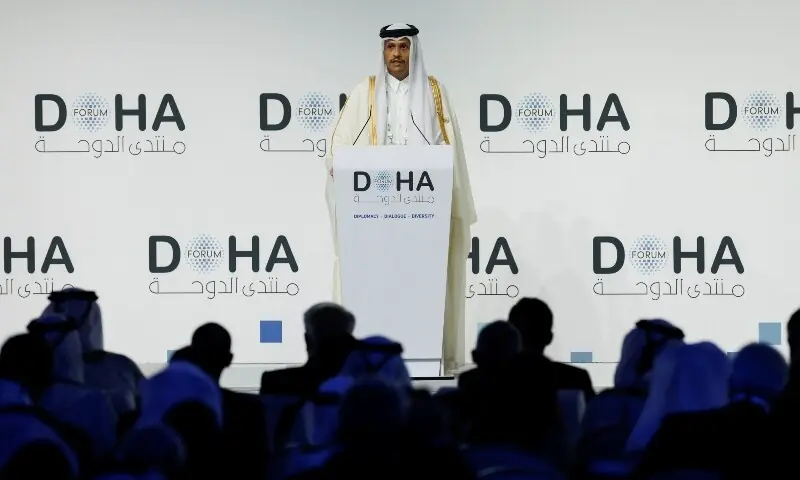 Qatar&rsquo;s Prime Minister and Minister for Foreign Affairs Sheikh Mohammed bin Abdulrahman bin Jassim Al-Thani speaks on the first day of the 23rd edition of the annual Doha Forum, in Doha, Qatar, December 6. &mdash; Reuters