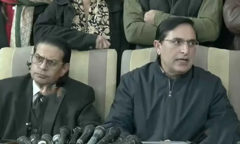 PTI leaders address a press conference in Islamabad on Saturday. &mdash; DawnNewsTV