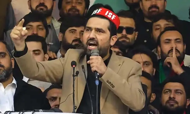 Khyber Pakhtunkhwa Chief Minister Sohail Afridi addresses a party rally in Peshawar on December 7. &mdash; Screengrab via YouTube/Pakistan Tehreek-i-Insaf
