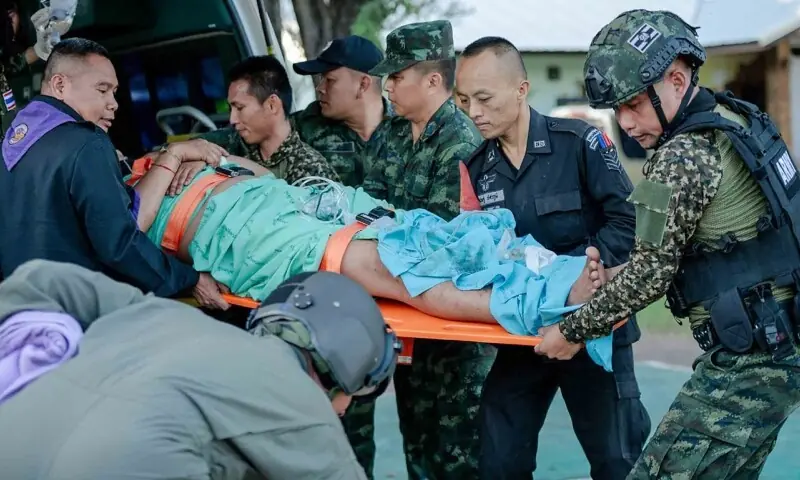 This handout picture taken on December 7, 2025 by the Royal Thai Army and obtained on December 8, 2025 shows an injured Thai soldier being evacuated following clashes along the the Thai-Cambodia border in Thailand&rsquo;s Sisaket province. &mdash; AFP