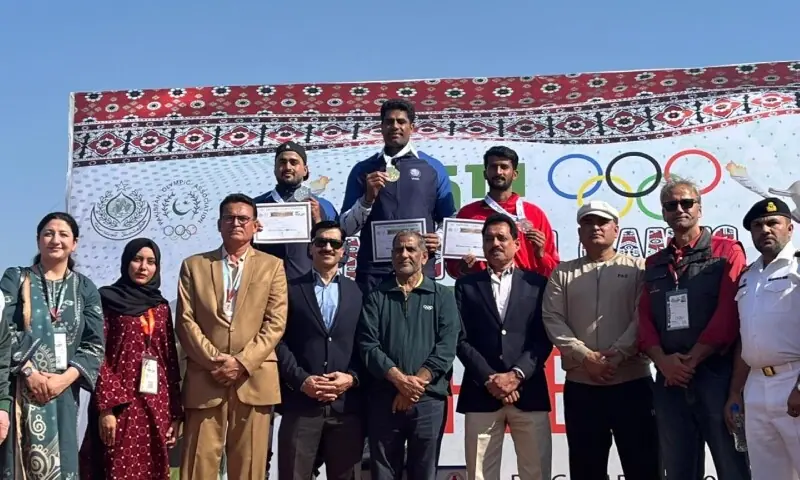 Javelin star Arshad Nadeem won gold at the National Games on Monday. &mdash; Photo by author