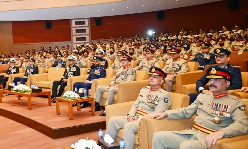 Service chiefs and senior military officials attend an address by newly appointed Chief of Defence Forces Field Marshal Asim Munir at General Headquarters in Rawalpindi on December 8. — Photo courtesy ISPR
