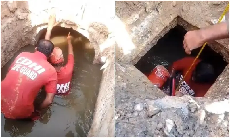  Edhi workers conduct rescue operation to find Ibrahim&rsquo;s body on Dec 1. 