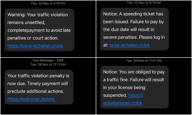 A collage of fraudulent text messages sent to citizens, urging them to pay traffic fines.