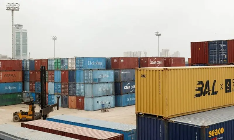 A view of shipping containers at a warehouse yard near the port area in Karachi on July 31, 2025. &mdash; Reuters