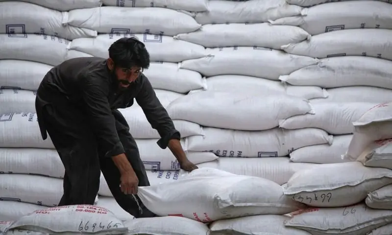 A labourer unloads sacks of sugar from a supply truck at the main wholesale market in Karachi. &mdash; Reuters/File