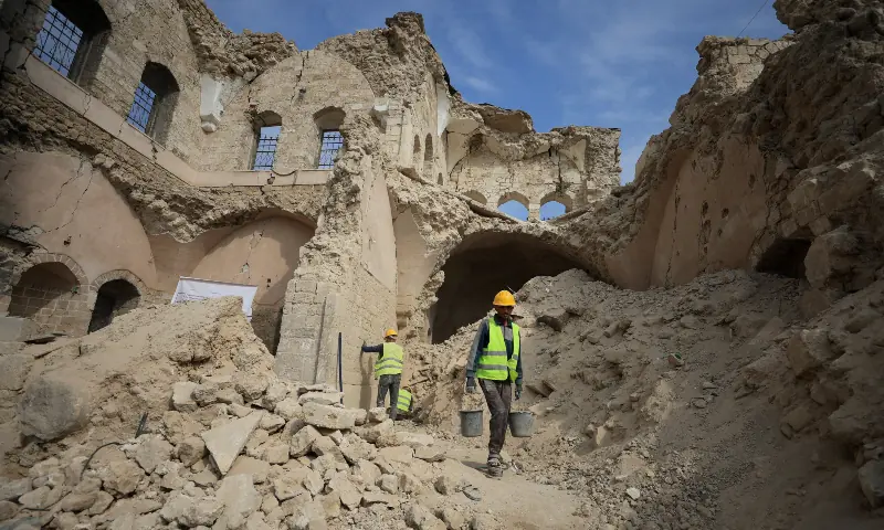 Workers carry out restoration work at the historical Al-Basha Palace, damaged during the conflict, in Gaza City on November 13, 2025. — Reuters Workers carry out restoration work at the historical Al-Basha Palace, damaged during the conflict, in Gaza City on November 13, 2025. — Reuters