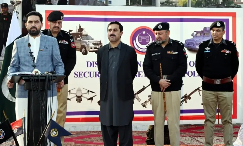 Khyber Pakhtunkhwa Chief Minister Mohammad Sohail Afridi on Monday handed over the newly-purchased bulletproof vehicles, modern weapons and security gadgets to police at an event at the Malik Saad Shaheed Police Lines. &mdash; Photo courtesy KP Police/X