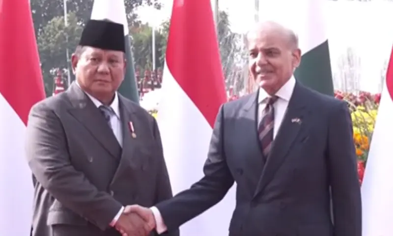Indonesian President Prabowo Subianto shakes hands with Prime Minister Shehbaz Sharif as he is welcomed to the Prime Minister’s House in Islamabad on December 9. — screengrab via DawnNewsTV Indonesian President Prabowo Subianto shakes hands with Prime Minister Shehbaz Sharif as he is welcomed to the Prime Minister’s House in Islamabad on December 9. — screengrab via DawnNewsTV
