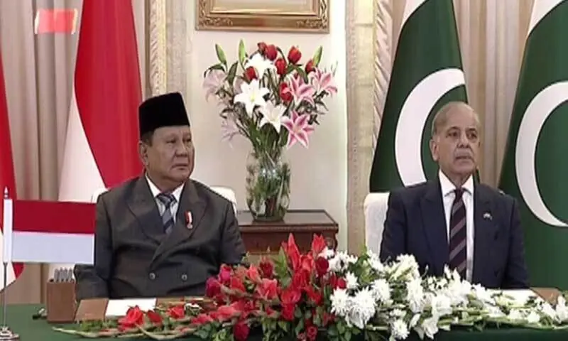 Indonesian President Prabowo Subianto and Prime Minister Shehbaz Sharif at a joint press conference on December 9. — screengrab via DawnNewsTV Indonesian President Prabowo Subianto and Prime Minister Shehbaz Sharif at a joint press conference on December 9. — screengrab via DawnNewsTV