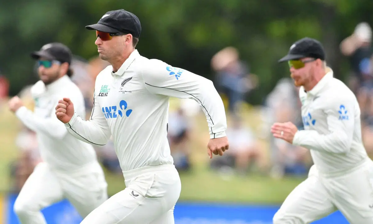 New Zealand&rsquo;s Will Young (C) runs to field the ball during the first Test against the West Indies at Hagley Oval in Christchurch on December 5, 2025.&mdash;AFP