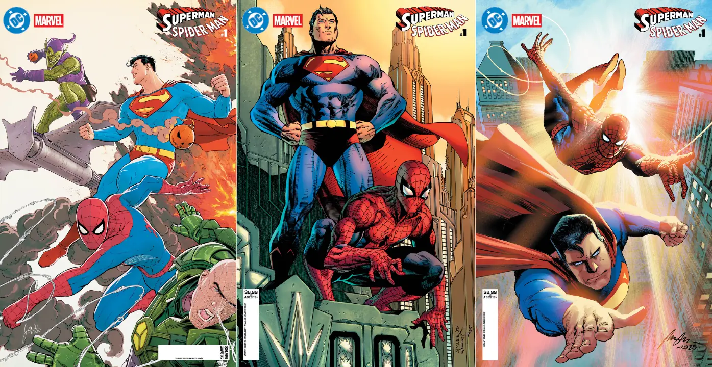  Variant covers for Superman/Spider-Man #1, designed (from left to right) by: Mikel Janin; Jim Lee, Scott Williams and Alex Sinclair; and Rafael Albuquerque 