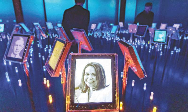 A picture of Nobel laureate Maria Corina Machado on display among portraits of previous winners at an exhibition, &ldquo;Democracy on the brink&rdquo;, at the Nobel Peace Centre in Oslo.&mdash;AFP