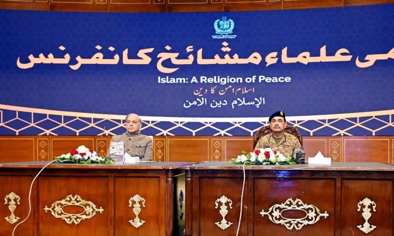 PM Shehbaz Sharif and Chief of Defence Forces Field Marshal Asim Munir preside over the ulema conference. &mdash; Online