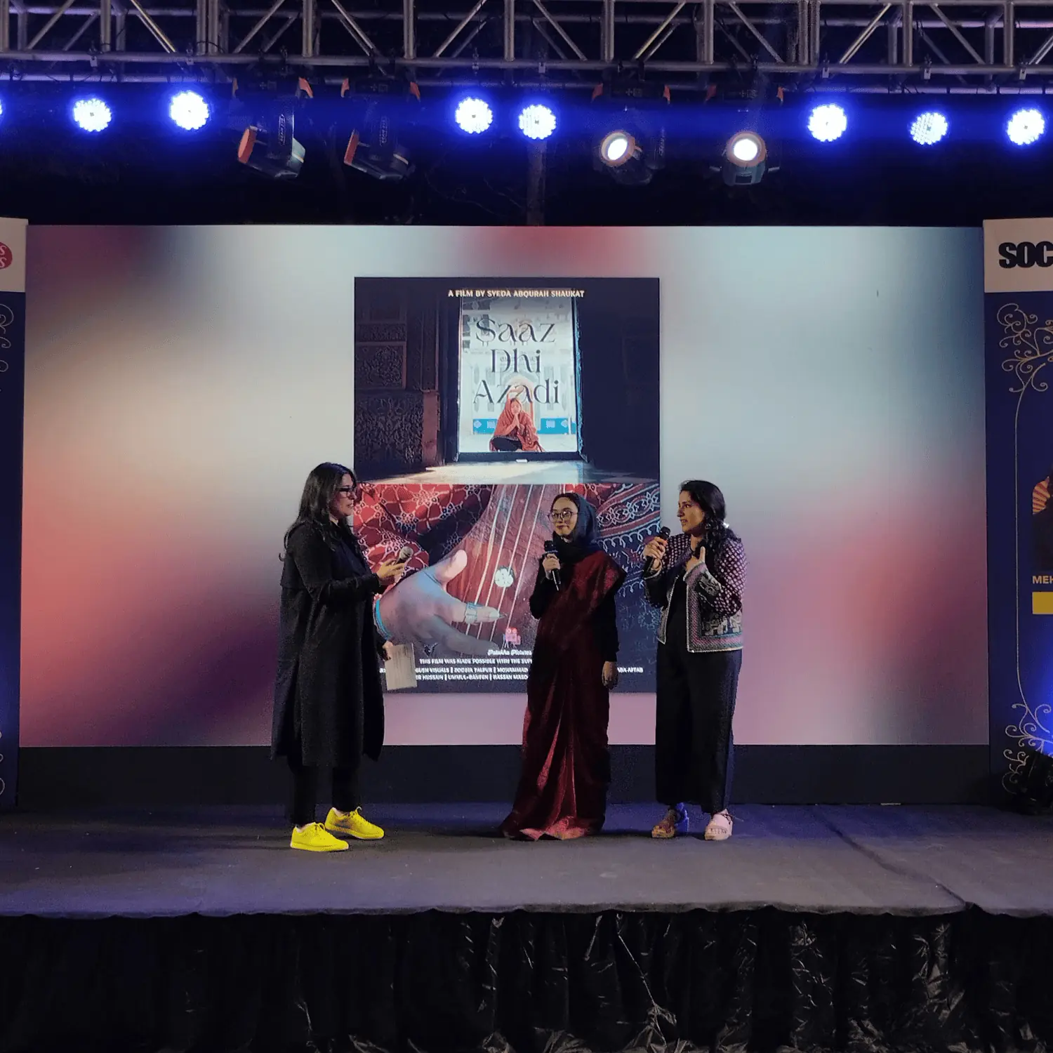 Syeda Abqurah Shaukat (centre) and Faryal Diwan (right) discussing their film, Saaz, Dhi, Azaadi, with Chinoy on stage.