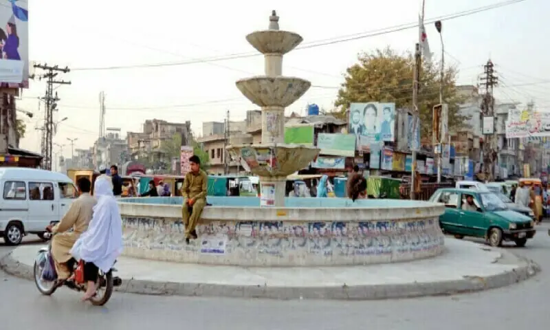 A file photo of the out-of-order fountain at Fawara Chowk in Rawalpindi. &mdash; Khurram Amin