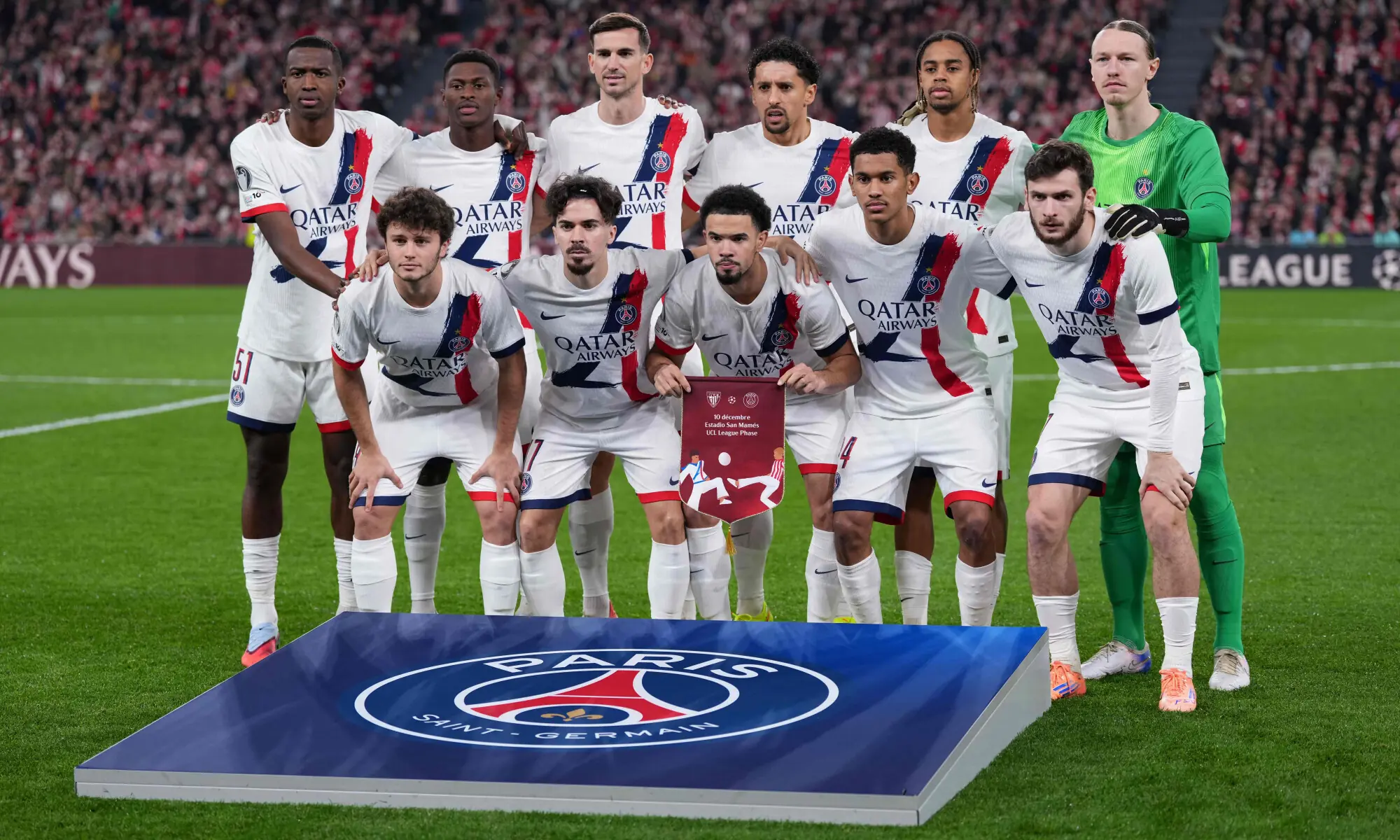 PSG&rsquo;s players pose prior the UEFA Champions League league match against Athletic Bilbao at the San Mames Stadium in Bilbao on December 10, 2025.&mdash;AFP