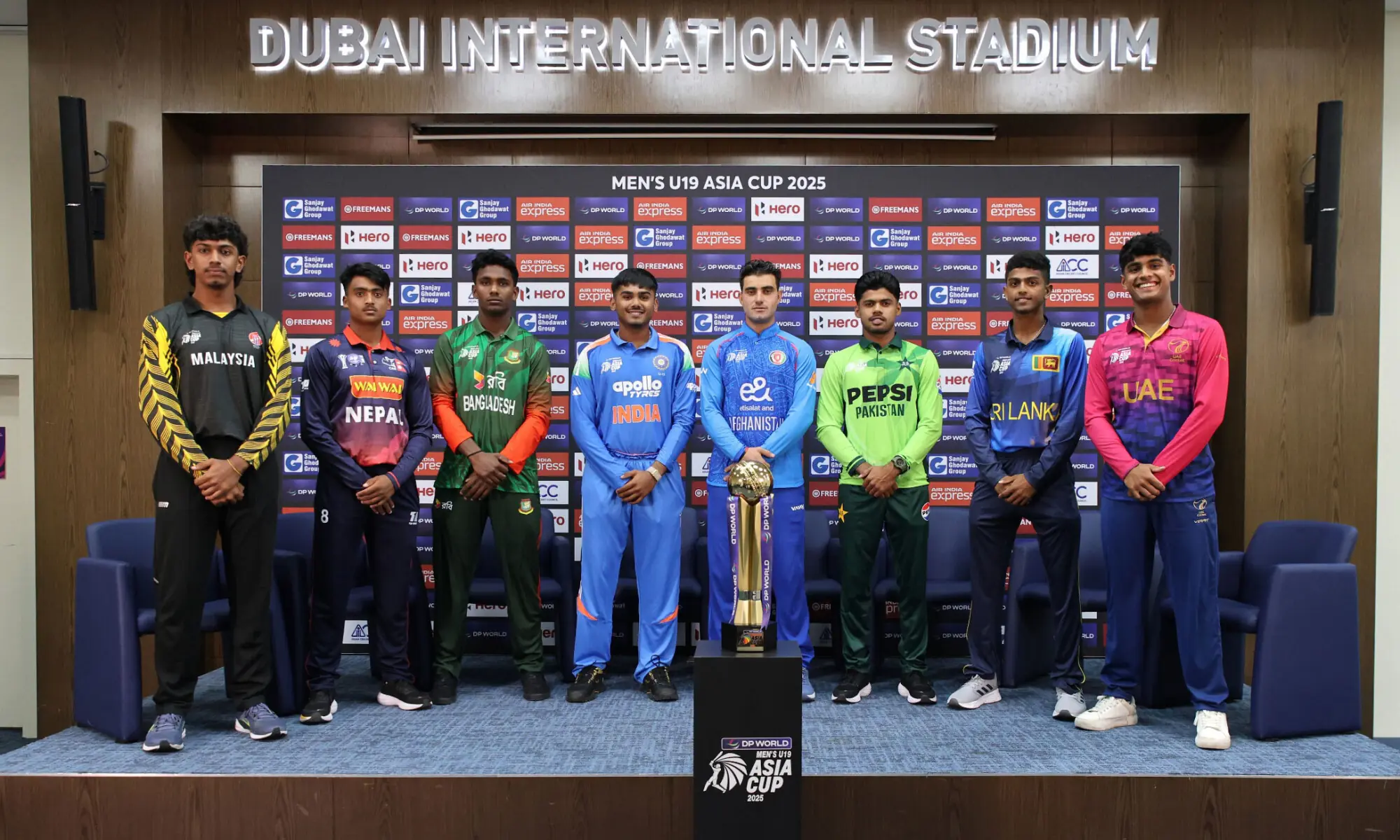 Captains of the participating sides pose with the U-19 Asia Cup trophy at the Dubai International Cricket Stadium in Dubai on December 11, 2025.—Courtesy PCB Captains of the participating sides pose with the U-19 Asia Cup trophy at the Dubai International Cricket Stadium in Dubai on December 11, 2025.—Courtesy PCB