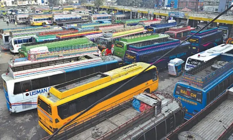 In this 2020 photo, buses are seen parked at Lahore&rsquo;s Badami Bagh stand as transport owners observe a strike against increase in toll and fines. &mdash; White Star/ File