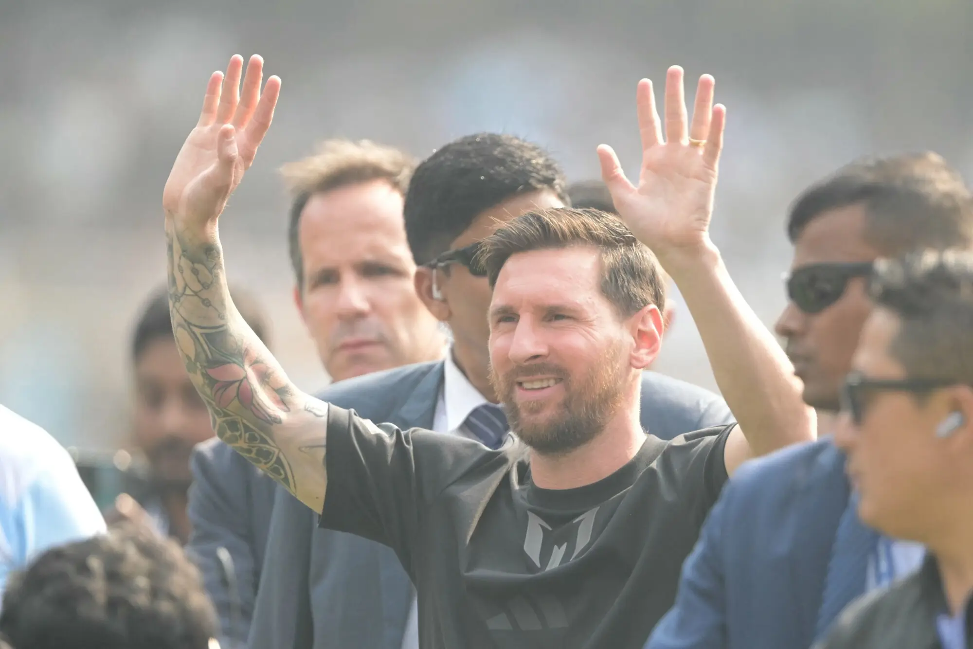 Inter Miami’s Argentine forward #10 Lionel Messi arrives at the Salt Lake Stadium in Kolkata on December 13. —AFP