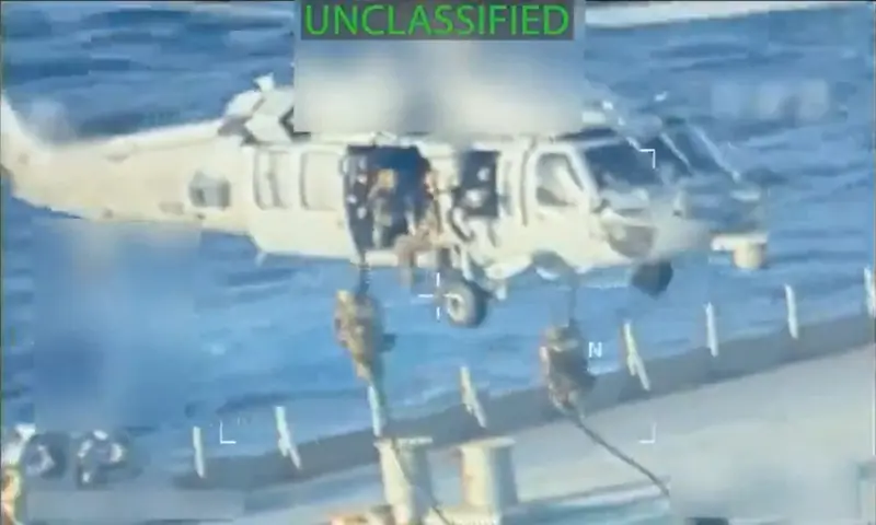 This screen grab from a video posted by US Attorney General Pam Bondi on her X account on December 10, 2025 shows what Bondi says is the execution of &ldquo;a seizure warrant for a crude oil tanker used to transport sanctioned oil from Venezuela and Iran&rdquo; off the coast of Venezuela on December 10. &mdash; AFP