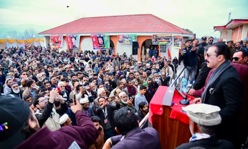 AJK Prime Minister Raja Faisal Mumtaz Rathore addresses a gathering in Circuit House Rawalakot on Saturday. &mdash; Photo via author