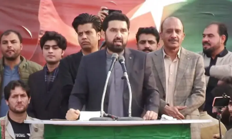 Khyber Pakhtunkhwa (KP) Chief Minister Muhammad Sohail Afridi addresses a PTI rally in Kohat on Dec 14. &mdash; Photo courtesy PTI/X