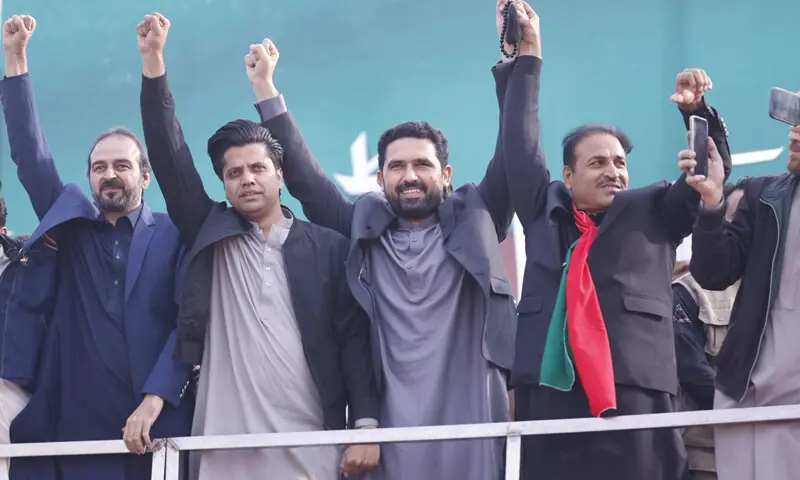 Khyber Pakhtunkhwa (KP) Chief Minister and other PTI leaders photographed at a rally in Kohat on Dec 14. &mdash; Photo courtesy PTI/X