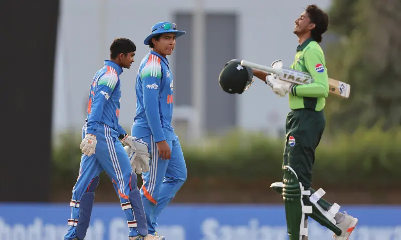 Pakistan&rsquo;s Ali Raza walks off after being dismissed during the U-19 Asia Cup match against India at the ICC Academy Ground in Dubai on December 14, 2025.&mdash;Courtesy ACC