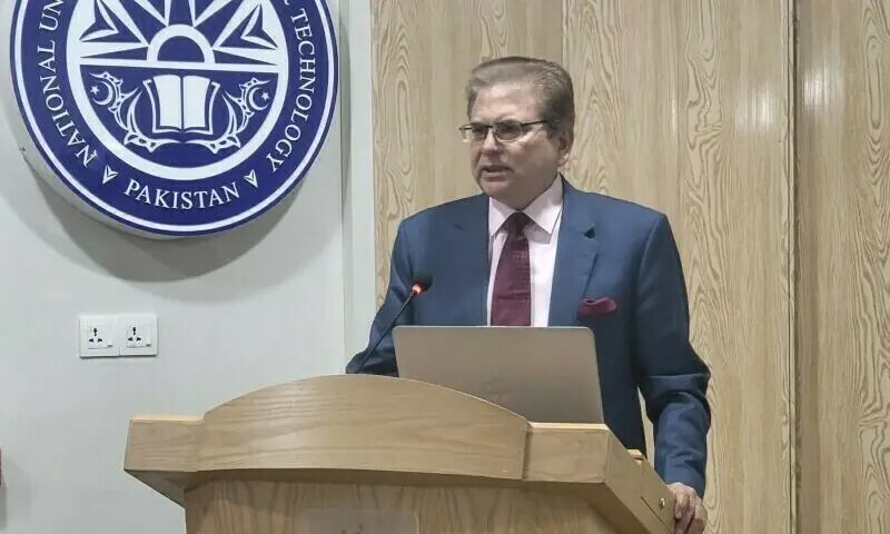 In this file photo, Pakistan&rsquo;s Special Representative for Afghanistan Muhammad Sadiq speaking at National University of Sciences and Technology. &mdash; X/@AmbassadorSadiq/File