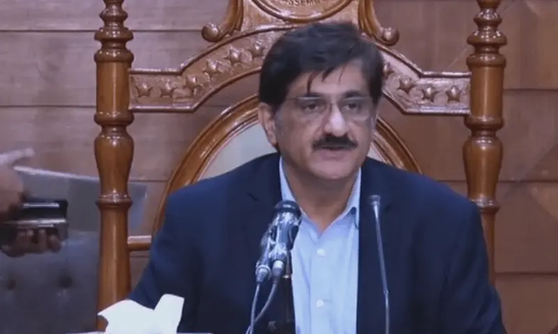 Sindh Chief Minister Murad Ali Shah speaking at a press conference on April 15. &mdash; DawnNewsTV/File