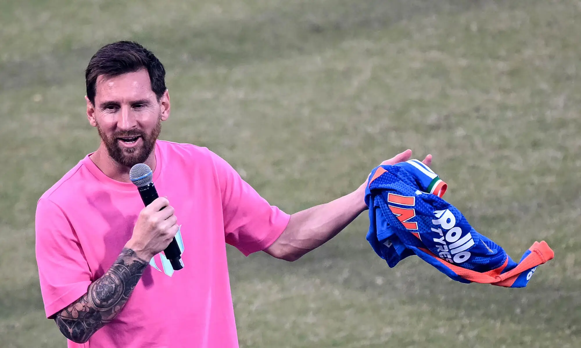 Argentina and Inter Miami star footballer Lionel Messi addresses the crowd during his GOAT Tour at the Arun Jaitley Stadium in New Delhi on December 15, 2025.—AFP Argentina and Inter Miami star footballer Lionel Messi addresses the crowd during his GOAT Tour at the Arun Jaitley Stadium in New Delhi on December 15, 2025.—AFP