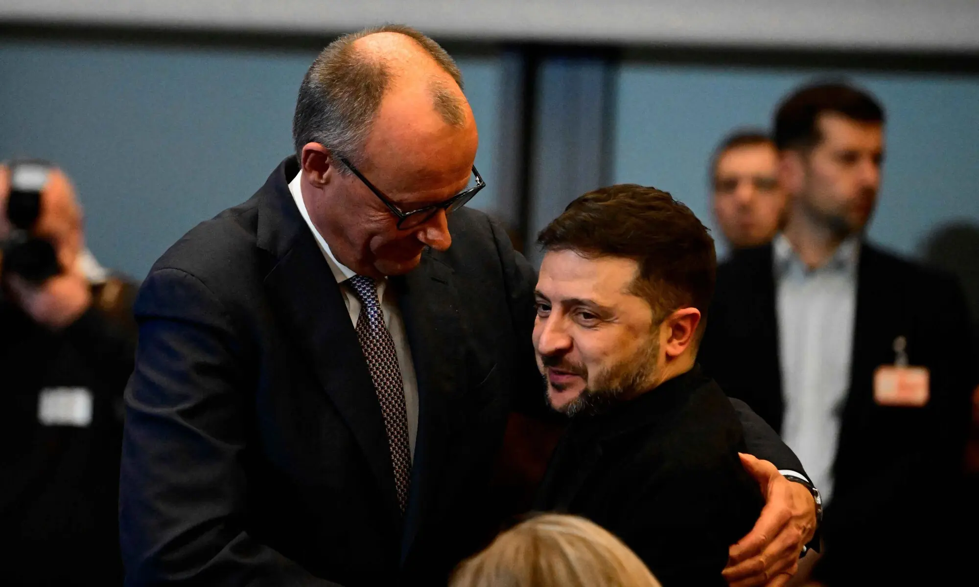 German Chancellor Friedrich Merz (left) embraces Ukraine&rsquo;s President Volodymyr Zelensky before a meeting in Berlin.&mdash;AFP