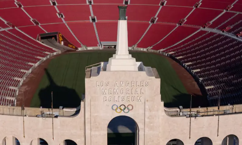 A drone view of Los Angeles Coliseum, as it was announced it will host the opening ceremonies of the 2028 Olympics along with SoFi Stadium in a dual event, closing ceremony, and host the opening of the Paralympic Games in 2028, making it the first facility to host events for 3 Olympic Games in Los Angeles, California, US on May 8, 2025. &mdash; Reuters/File