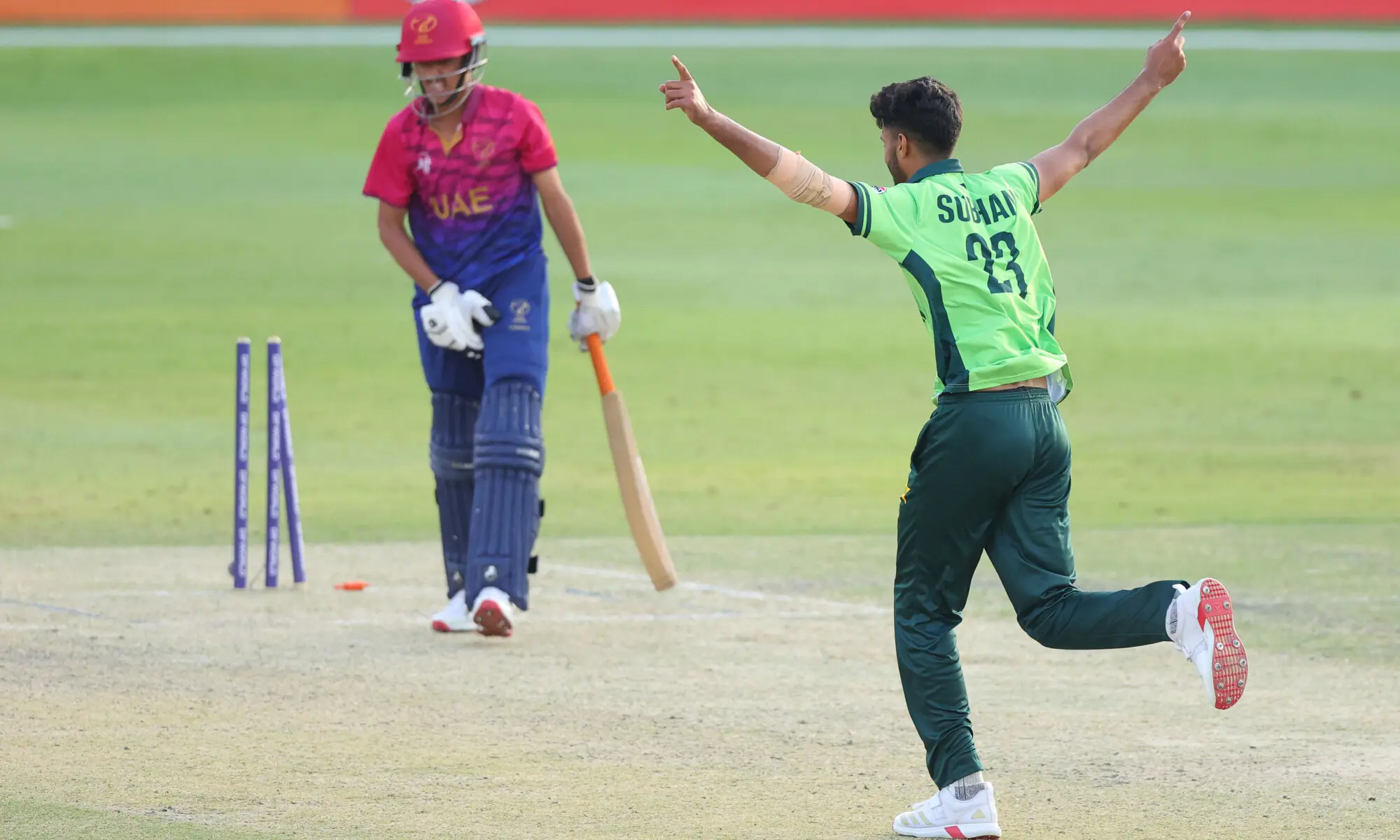 Pakistan pacer Abdul Subhan celebrates taking a wicket during the U-19 Asia Cup match against UAE at the ICC Academy Ground in Dubai on December 16, 2025.—Courtesy ACC Pakistan pacer Abdul Subhan celebrates taking a wicket during the U-19 Asia Cup match against UAE at the ICC Academy Ground in Dubai on December 16, 2025.—Courtesy ACC