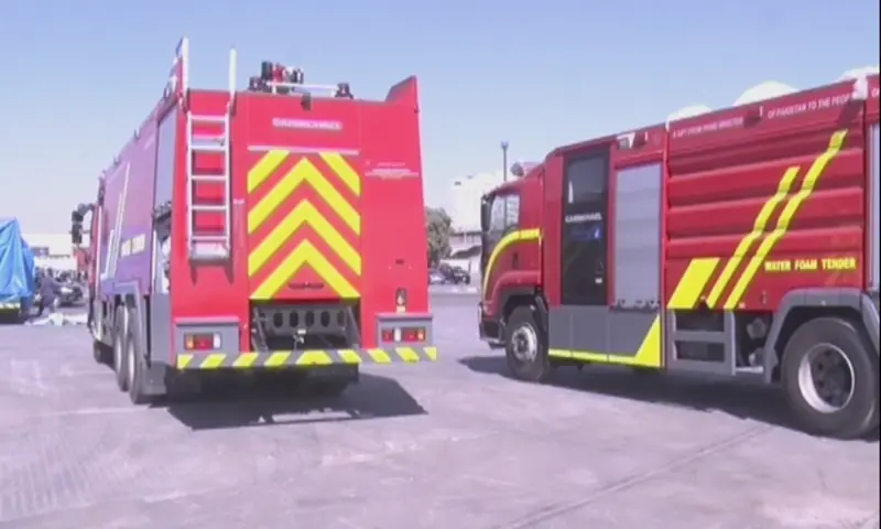 This file photo shows two of the 52 fire tenders after they arrived at the Karachi Port in January, 2021. &mdash; DawnNewsTV/File