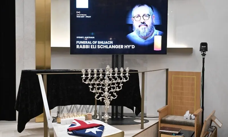 The coffin is seen at the Chabad of Bondi Synagogue during the funeral of Rabbi Eli Schlanger following a shooting at a Jewish Hanukkah celebration at Sydney&rsquo;s Bondi Beach on Sunday, in Sydney, Wednesday, December 17, 2025. &mdash; Reuters