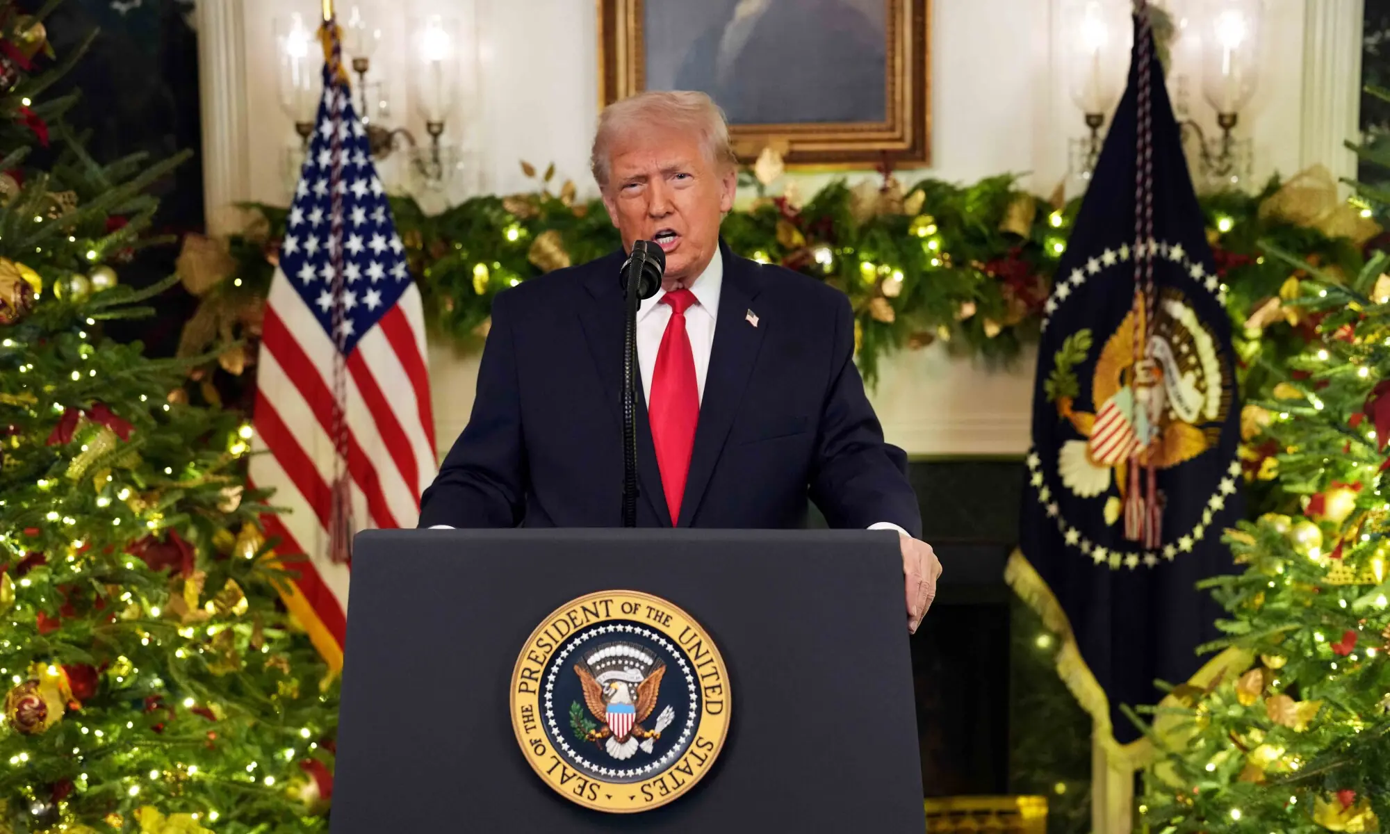 US President Donald Trump delivers an address to the nation from the Diplomatic Reception Room of the White House in Washington, DC, US on December 17, 2025. &mdash; Reuters