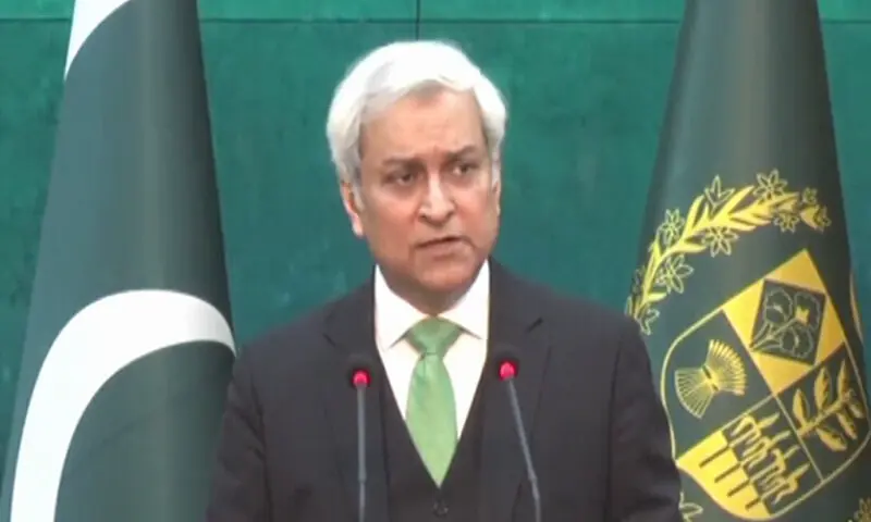Foreign Office (FO) spokesperson Tahir Hussain Andrabi addresses a weekly press briefing on Thursday. &mdash; DawnNewsTV