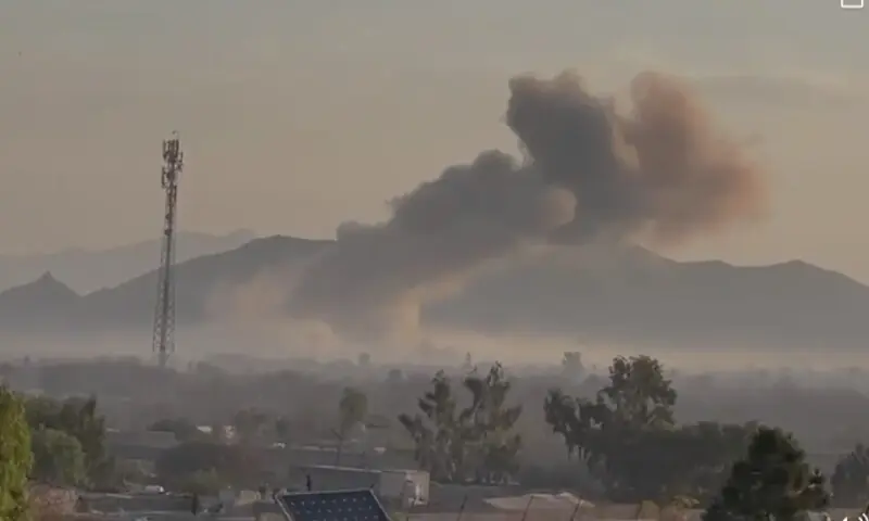 This image shows a plume of smoke rising in the air following the explosion in North Waziristan. &mdash; Screenshot taken from video provided by author