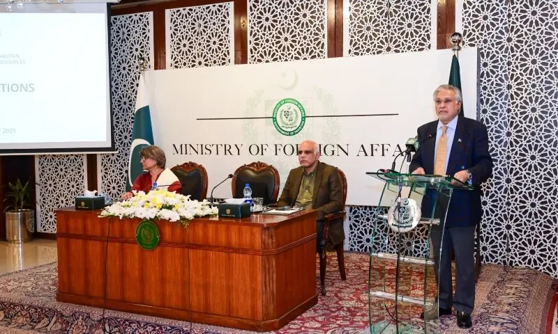 Deputy Prime Minister and Foreign Minister Ishaq Dar addresses an urgent media briefing for the diplomatic corps in Islamabad on December 19. — Photo via X/@ForeignOfficePk Deputy Prime Minister and Foreign Minister Ishaq Dar addresses an urgent media briefing for the diplomatic corps in Islamabad on December 19. — Photo via X/@ForeignOfficePk