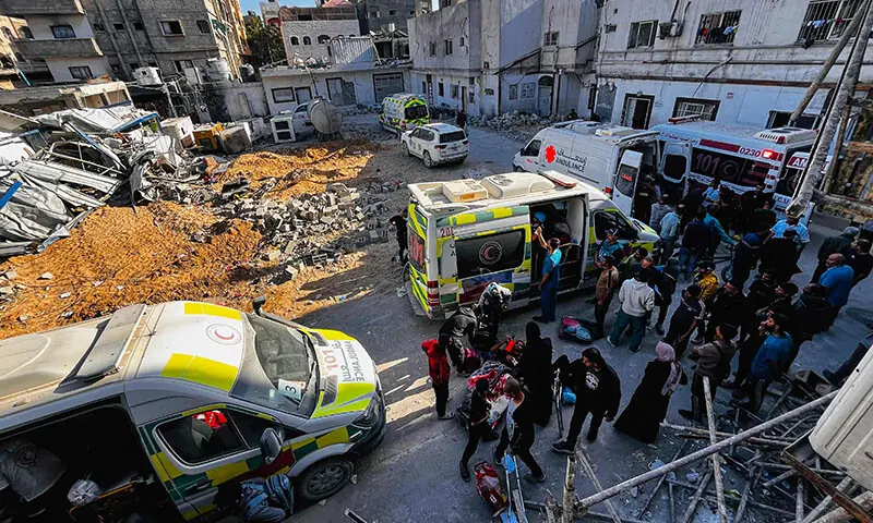 Medics evacuate injured people and cancer patients from the Kamal Adwan Hospital in Beit Lahia in the northern Gaza Strip on October 28, 2024. — AFP/File Medics evacuate injured people and cancer patients from the Kamal Adwan Hospital in Beit Lahia in the northern Gaza Strip on October 28, 2024. — AFP/File