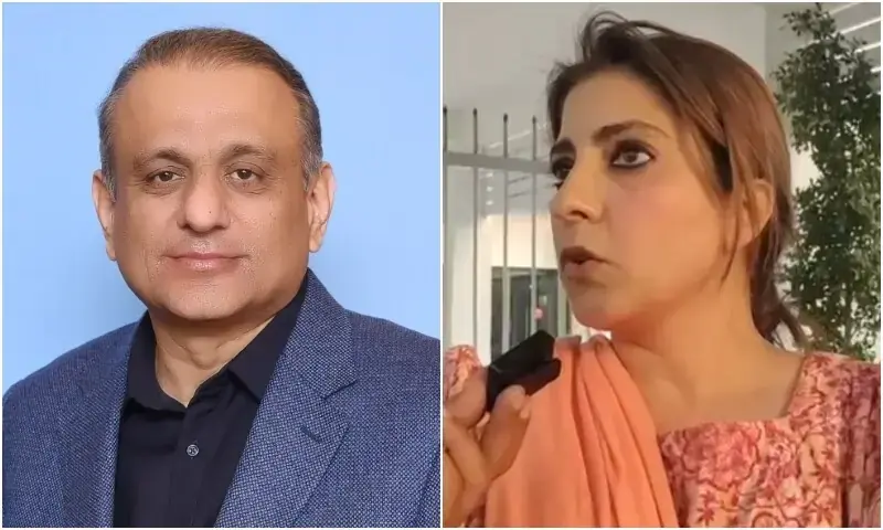 A combination photo of Communications Minister Aleem Khan and Senator Palwasha Khan. &mdash; Photos via NA website/Screensshot from video provided by Nadir Guramani