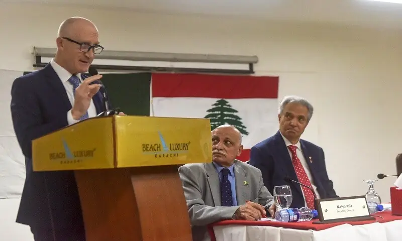 Ambassador of Lebanon Abdulaziz Issa (left) speaks at the programme as Majyd Aziz (centre) and Aziz Memon of ESUP look on. &mdash; Photo by Fahim Siddiqi / White Star