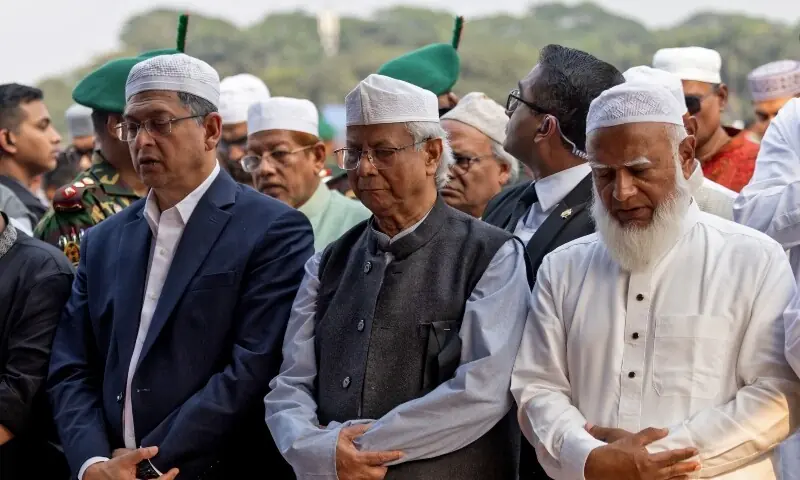 Muhammad Yunus, Chief Advisor of the Interim government of Bangladesh, offers funeral for Sharif Osman Hadi, a student leader, who died after being shot in the head, at Manik Mia Avenue, in Dhaka, Bangladesh, December 20. — Reuters