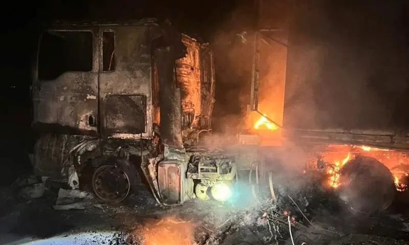 A truck burns at the site of a Russian missile and drone strike, amid Russia&rsquo;s attack on Ukraine, in Odesa region, Ukraine, December 20. &mdash; Reuters