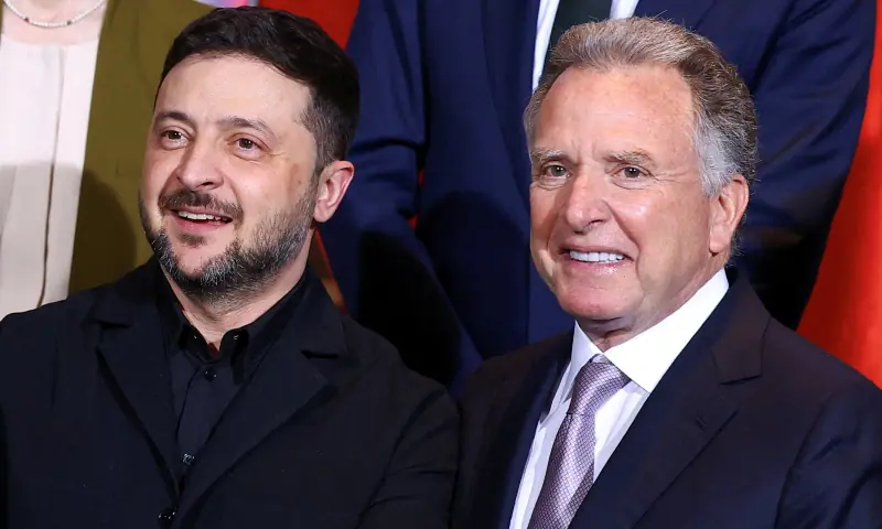 Ukraine&rsquo;s President Volodymyr Zelenskiy and US Special Envoy Steve Witkoff react during a family photo opportunity at the Chancellery in Berlin, Germany on December 15, 2025. &mdash; Reuters